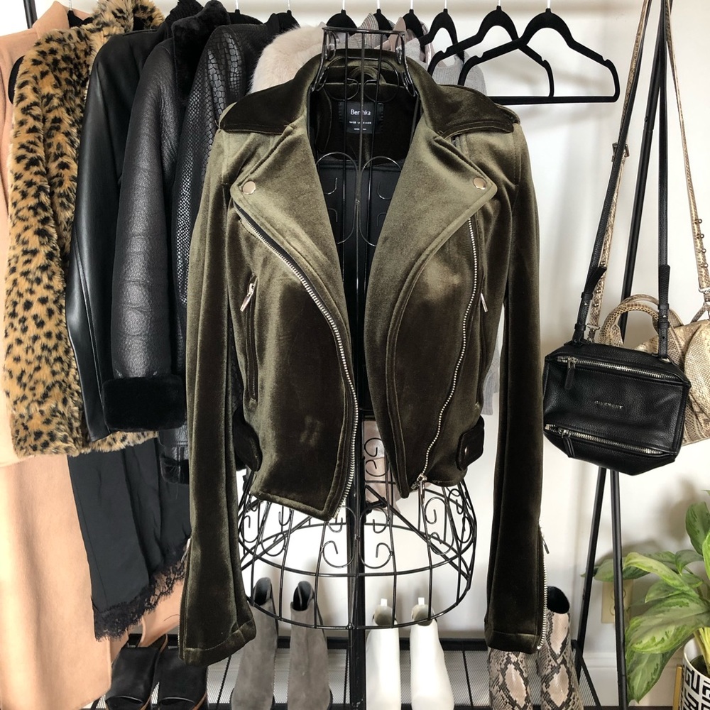 Olive Green Velvet Cropped Moto Jacket - Picture 2 of 5
